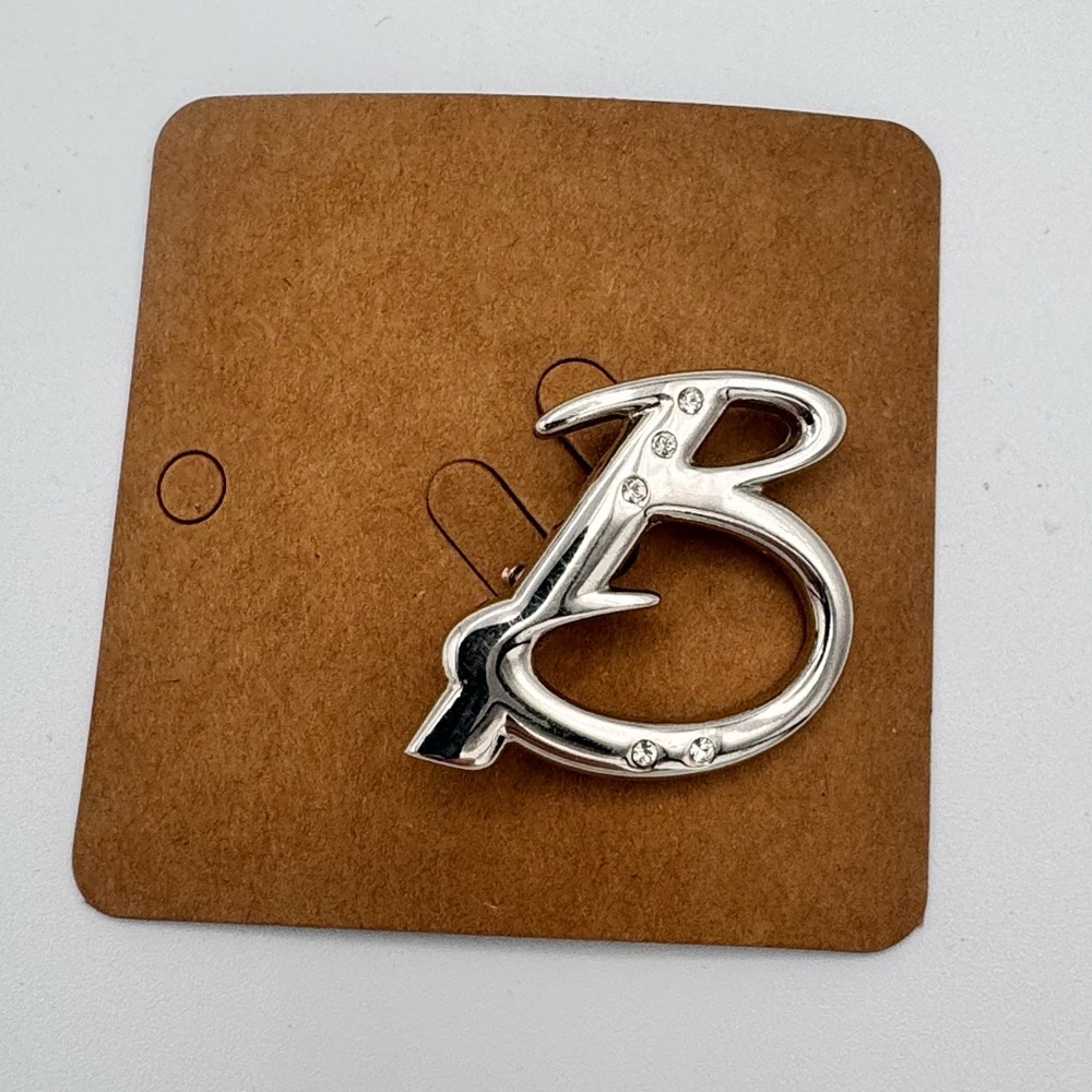 Silver Tone “B” Initial Brooch with Rhinestones 1.5”
